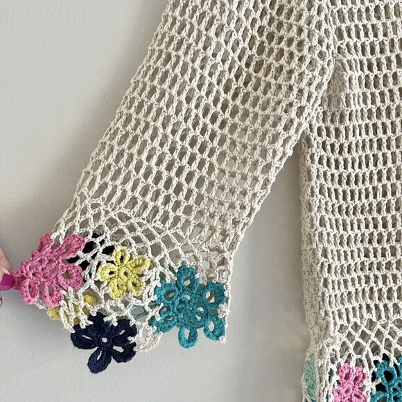 Boho Open Knit Crochet Top M Longline Cover Up Floral Festival Hi Low Hem Tan - Picture 2 of 10